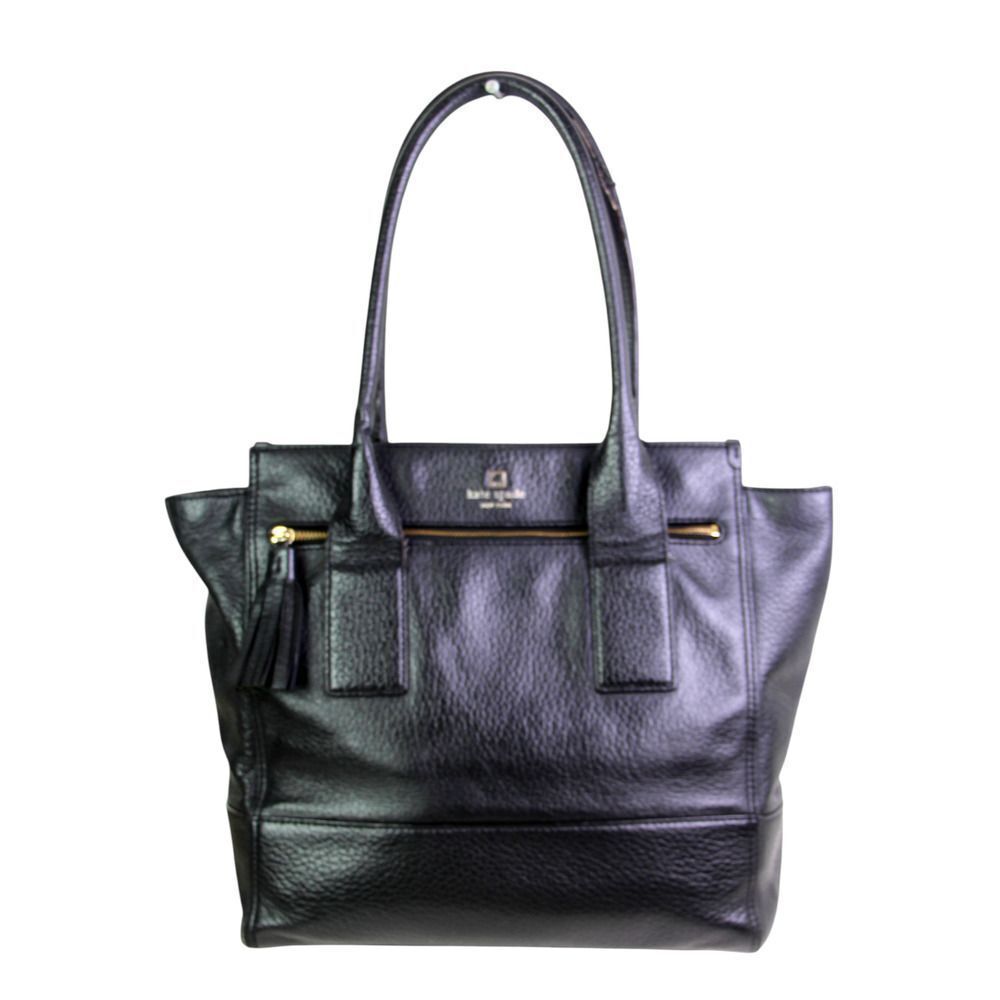 LARGE kate spade NY BLACK REAL LEATHER LOGO SATCHEL SHOULDER BAG HANDBAG PURSE